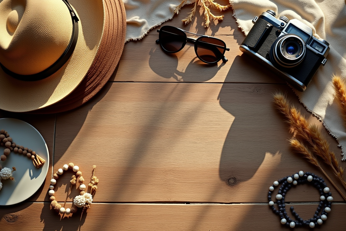 Accessoires boheme sur une table en bois rustique avec bijoux et chapeau