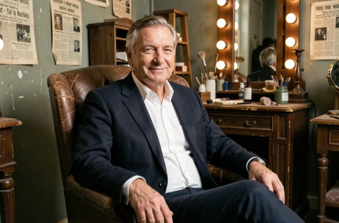 Acteur français légendaire assis dans les coulisses d'un théâtre parisien vintage, portrait éditorial élégant
