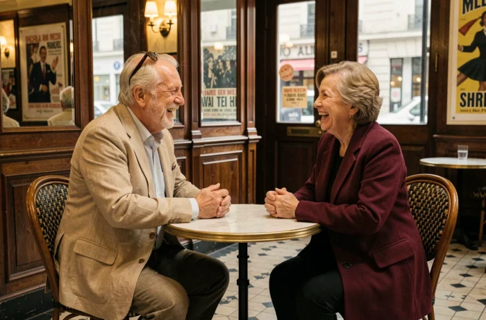 Deux acteurs français vétérans en conversation dans un café parisien classique, portrait documentaire éditorial