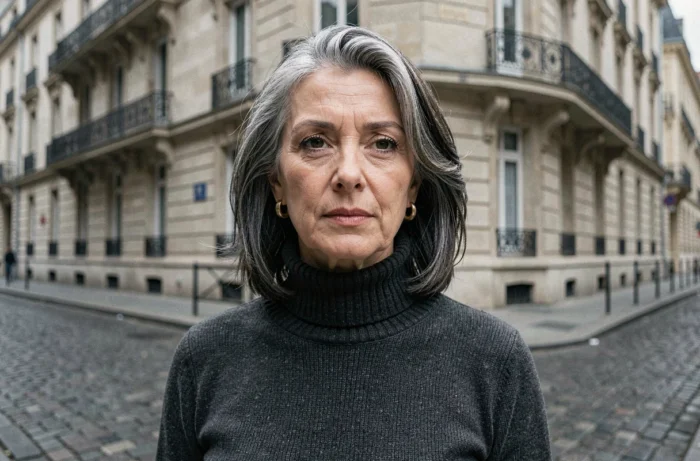 Actrice française célèbre dans une rue pavée parisienne, portrait éditorial mode et cinéma