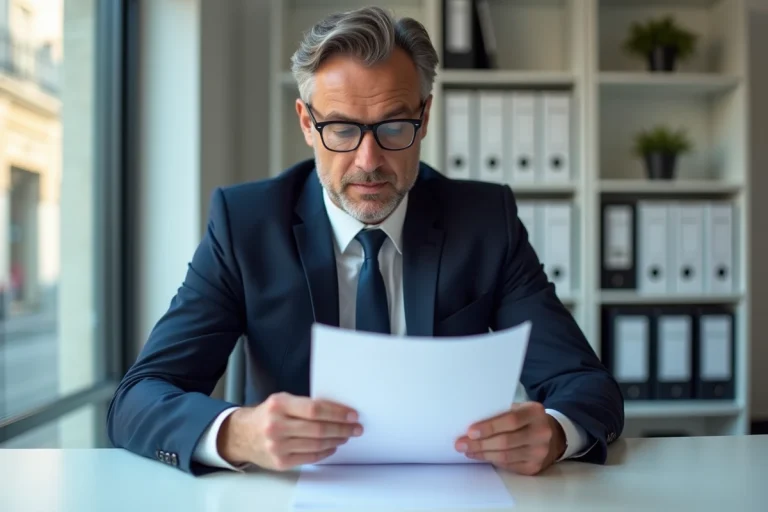 Administrateur français en costume examinant un PV blanc au bureau