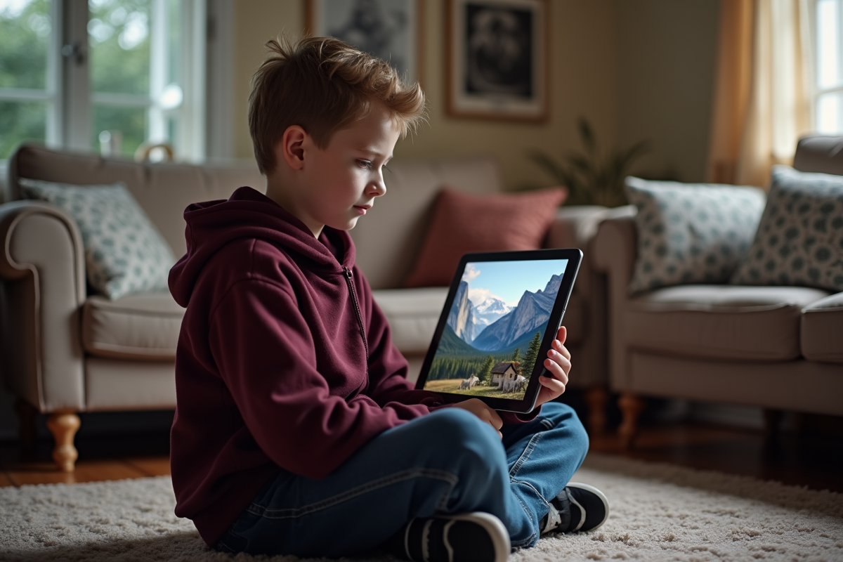 Adolescent regardant une webcam de paysage montagneux