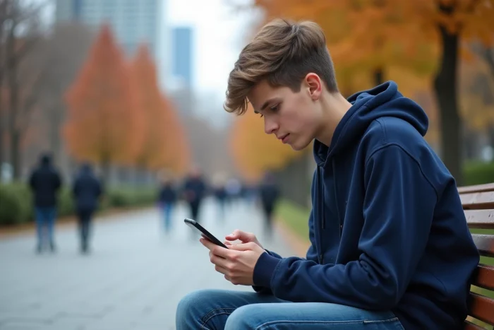 Adolescent utilisant une application de messagerie sur son smartphone dans un parc urbain en automne