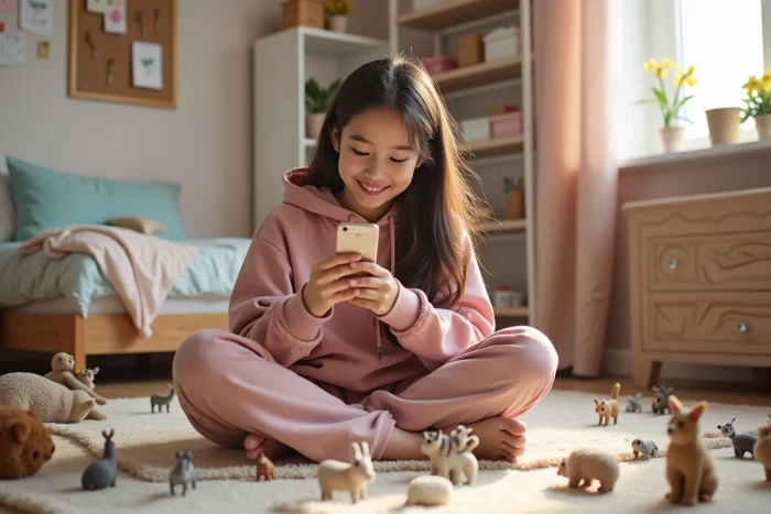 Adolescente souriante photographiant ses animaux miniatures soigneusement disposés sur le sol de sa chambre créative
