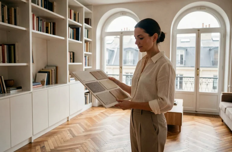 Femme architecte d'intérieur présentant des échantillons de matériaux pour un aménagement sur mesure dans un appartement parisien