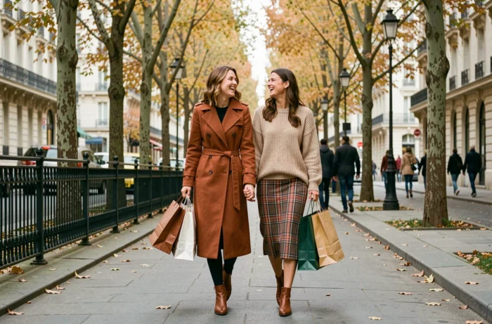 Deux femmes stylées marchant sur un boulevard parisien en automne avec des sacs de shopping
