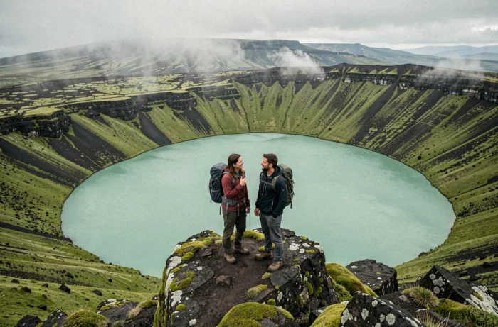 Deux amis admirant un lac de cratère volcanique en Islande entouré de champs de lave recouverts de mousse