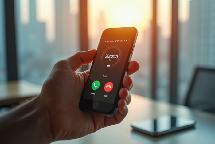 Smartphone affichant un appel inconnu dans un bureau lumineux