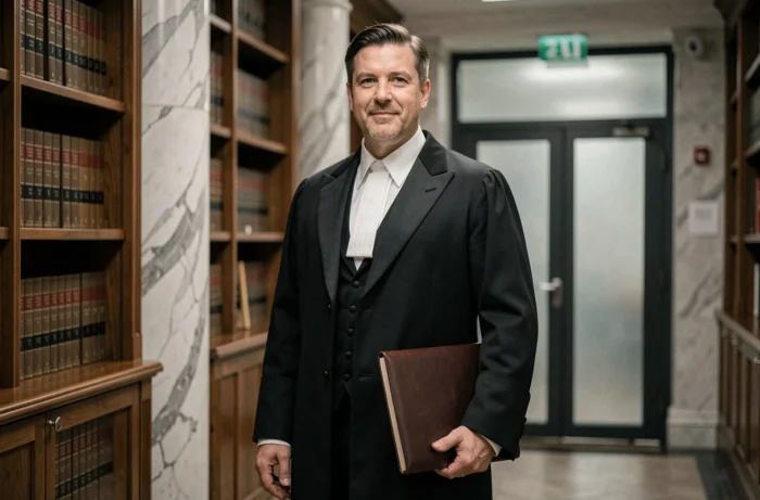 Avocat en robe noire en laine crêpe de haute qualité dans un couloir de palais de justice, illustration du résultat final
