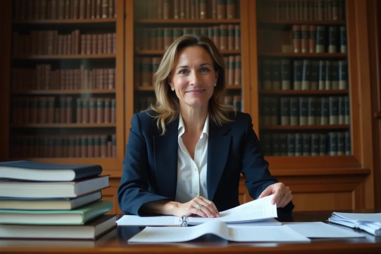 Avocate en blazer marine examinant des documents législatifs dans un bureau juridique avec des étagères remplies de codes de loi