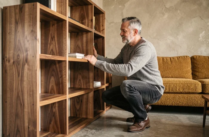 Homme installant une bibliothèque modulaire en noyer dans un salon au design contemporain avec sol en béton ciré