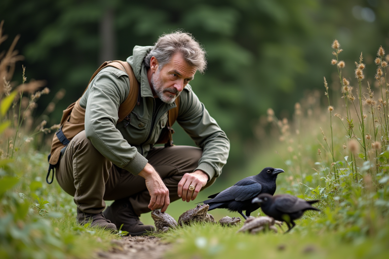 Biologiste observant des animaux dans une prairie sauvage
