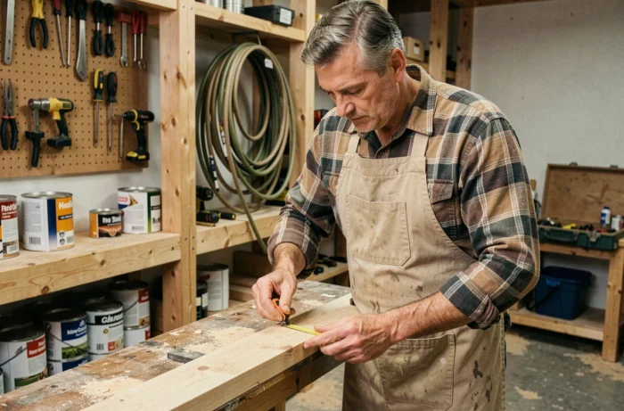 Homme bricoleur mesurant une planche de bois dans un atelier de maison bien équipé