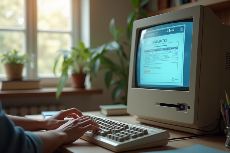 Espace de travail lumineux avec un vieux moniteur affichant une boîte mail