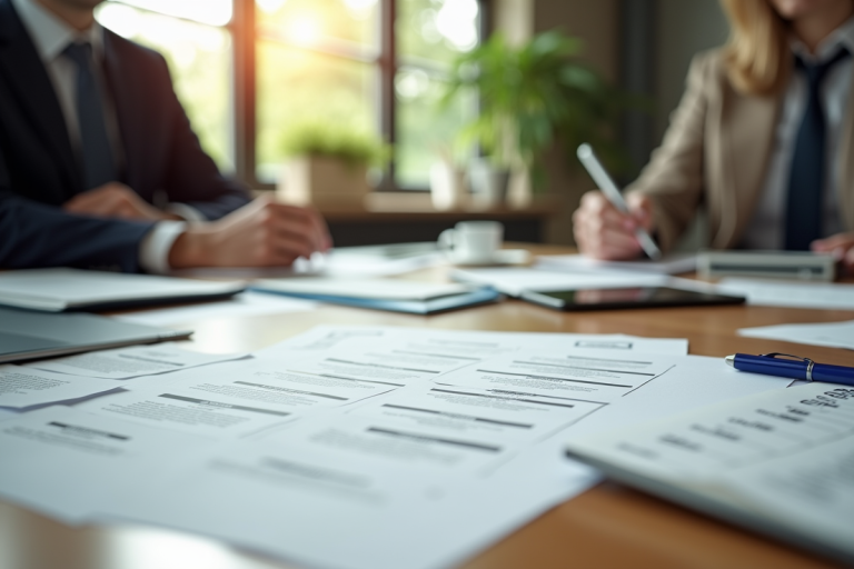 Espace de travail organisé avec documents officiels et permis