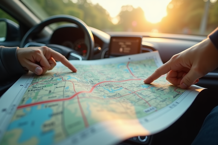 Carte routière déployée sur le tableau de bord voiture avec mains pointant la route