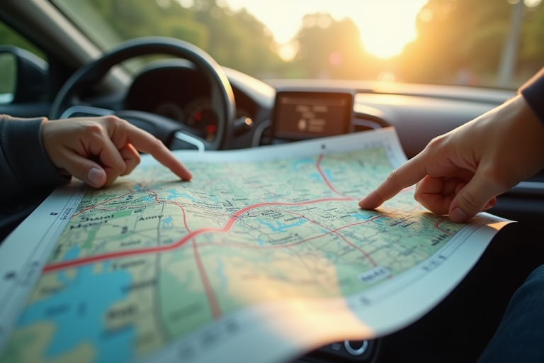 Carte routière déployée sur le tableau de bord voiture avec mains pointant la route