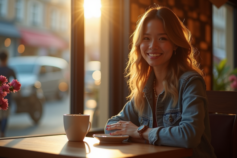 Célébrité assise dans un café cosy près d'une fenêtre en lumière naturelle