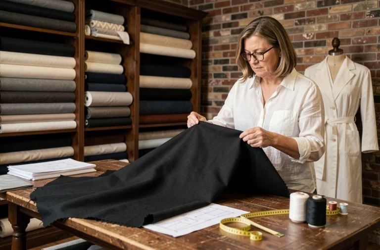 Tailleuse examinant un tissu en laine crêpe noire pour confectionner une robe d'avocat dans un atelier de couture parisien