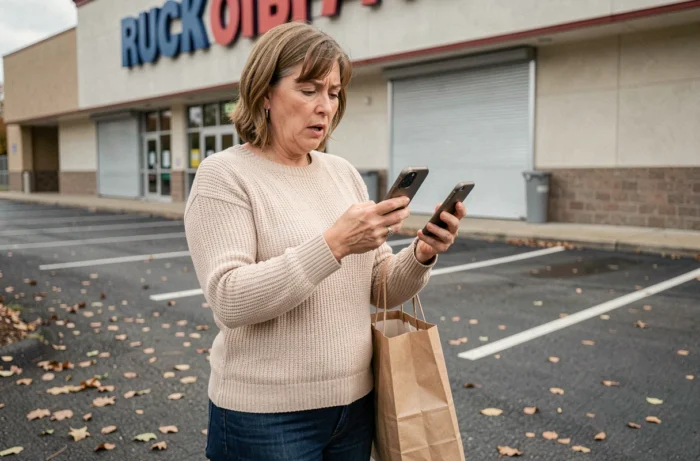Une femme découvrant qu'un magasin discount est fermé le dimanche, consultant son téléphone devant l'entrée verrouillée