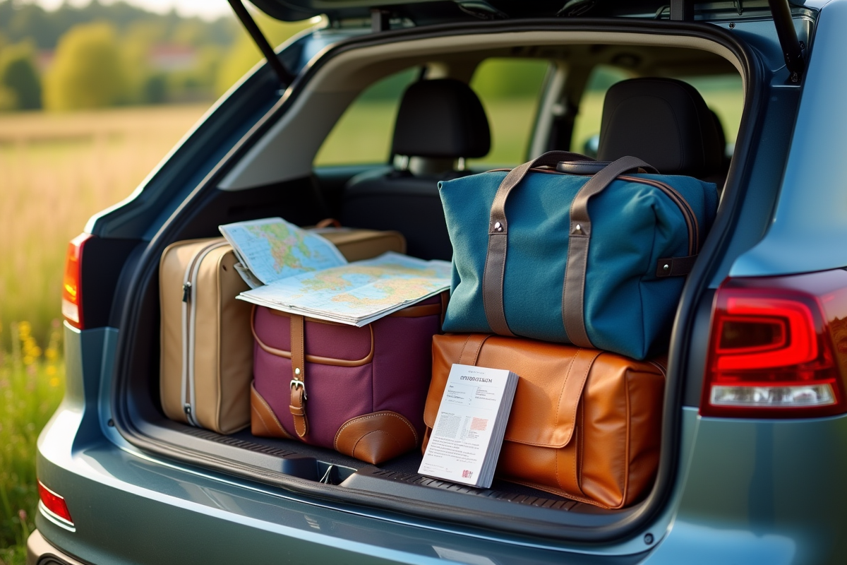 Coffre de voiture ouvert avec bagages et documents de voyage