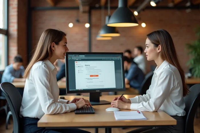 Deux collègues collaborant pour résoudre un problème de connexion sur un écran dans un espace de coworking