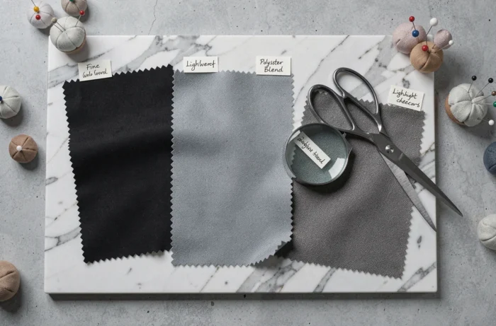 Comparaison de tissus pour robe d'avocat : lainage, gabardine, crêpe et polyester sur surface en marbre