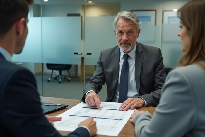 Conseiller financier présentant une comparaison de taux de prêt immobilier à un client dans un bureau professionnel