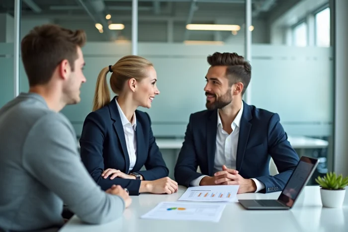Conseillère bancaire Crédit Mutuel présentant les conditions du prêt Modulimmo à un client