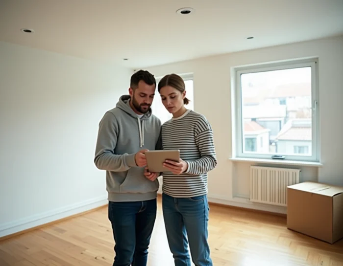Couple consultant leur dossier APL sur tablette dans un appartement vide lors d'un emménagement