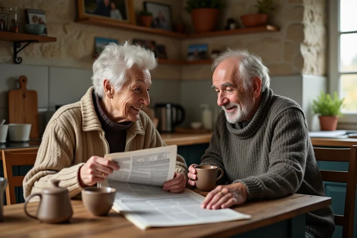 Couple agee dans une cuisine rustique chaleureuse