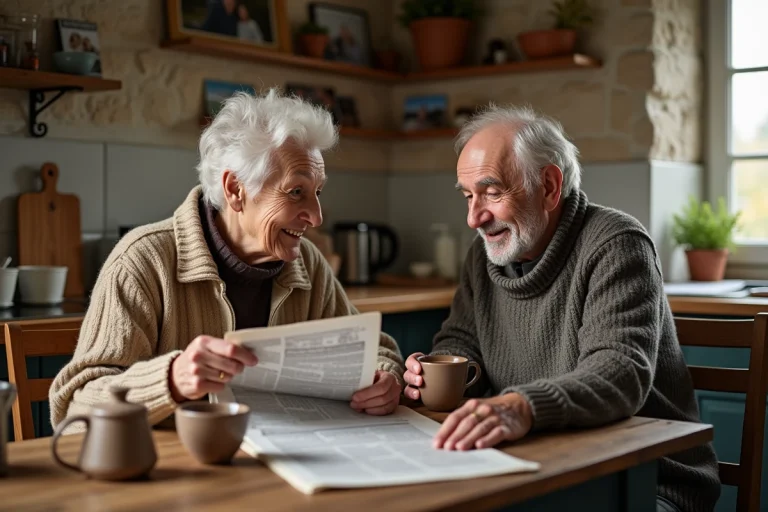 Couple agee dans une cuisine rustique chaleureuse