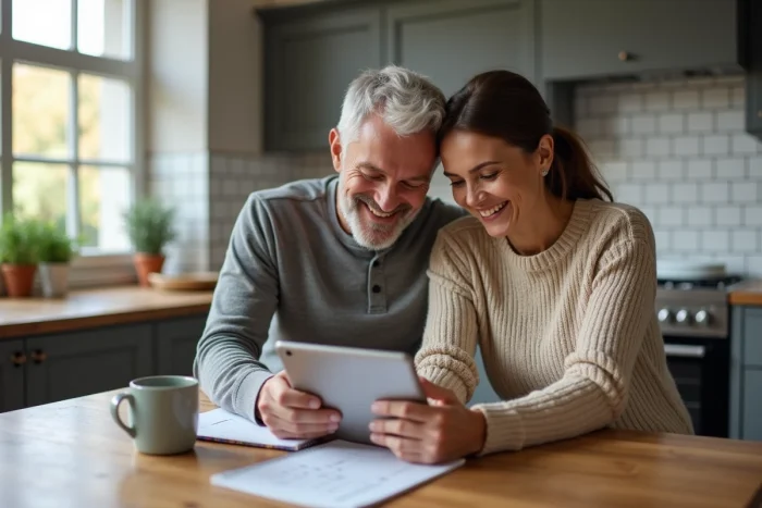 Couple étudiant les taux de crédit immobilier sur une tablette dans une cuisine moderne