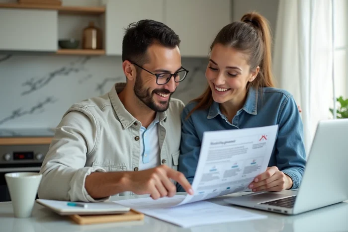 Un couple examinant plusieurs contrats de location d'appartements sur une table de cuisine avec un ordinateur portable affichant un tableau de gestion immobilière