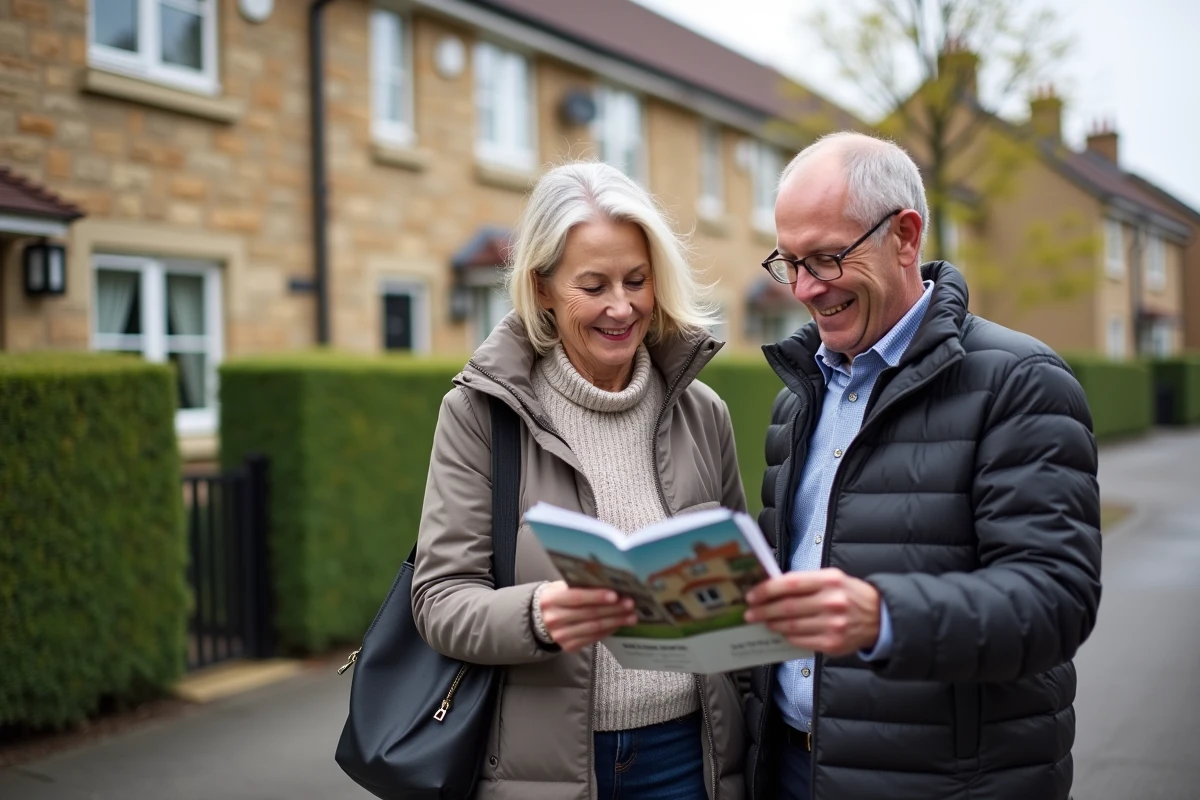 Couple avec conseiller immobilier devant maisons