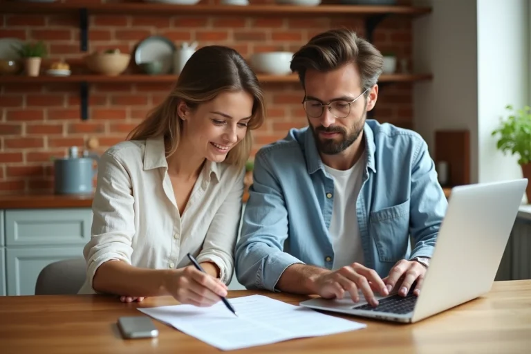Couple en train d'étudier un dossier de prêt immobilier modulable Crédit Mutuel à la table de leur cuisine