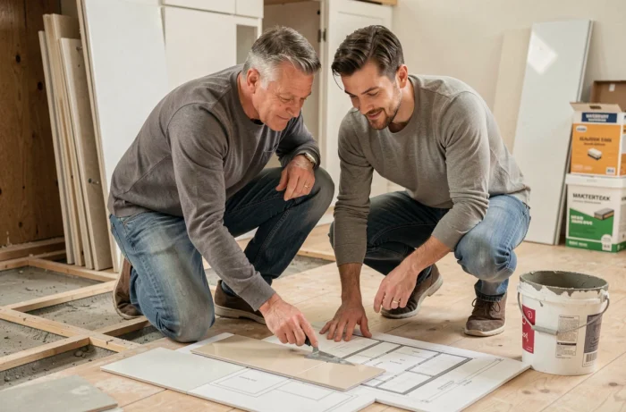 Couple planifiant la pose de carrelage dans une cuisine en cours de rénovation