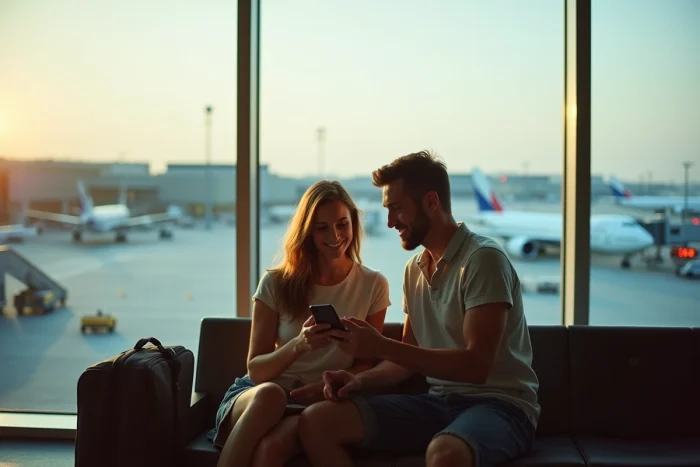Couple vérifiant leur réservation de vol Air France sur smartphone dans un salon d'aéroport après paiement par chèques vacances