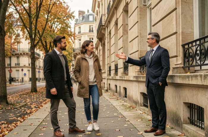 Couple visitant un immeuble résidentiel avec un agent immobilier dans une rue parisienne en automne
