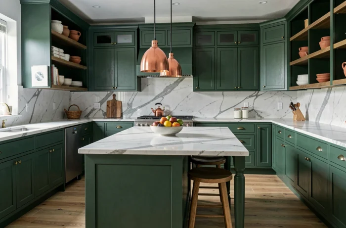 Cuisine sur mesure en bois vert avec comptoir en marbre et quincaillerie en laiton dans un intérieur contemporain raffiné