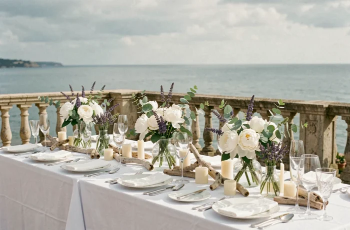 Table de réception de mariage décorée avec vue sur la mer sur une terrasse de la Côte d'Émeraude