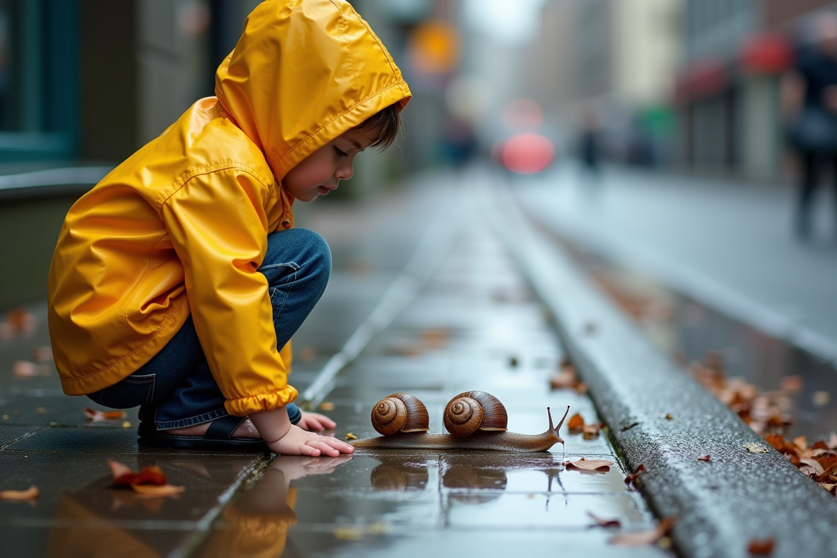 Enfant curieux examinant des escargots sur le trottoir urbain