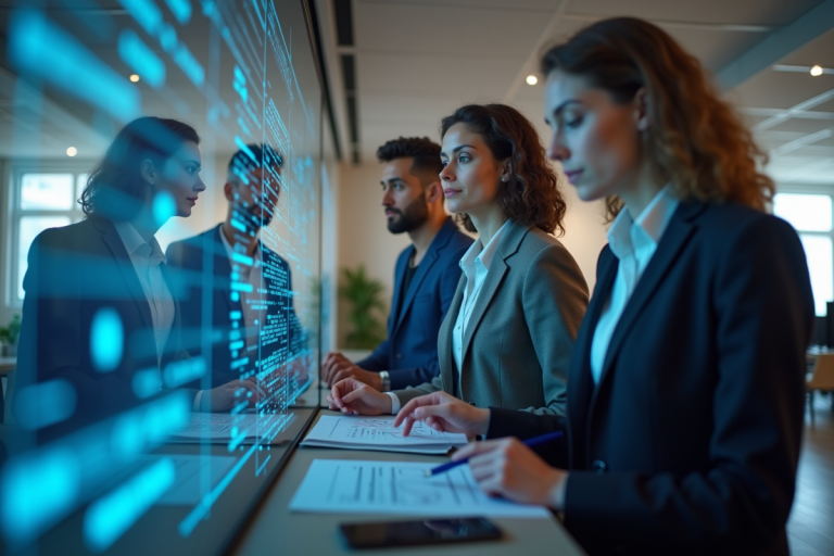 Groupe de professionnels collaborant autour d'un écran digital lumineux