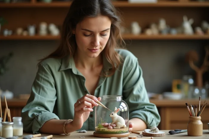 Femme passionnée plaçant une figurine miniature de lapin en céramique dans un terrarium en verre sur une table d'atelier vintage