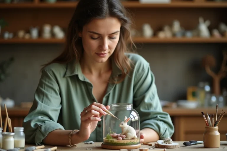 Femme passionnée plaçant une figurine miniature de lapin en céramique dans un terrarium en verre sur une table d'atelier vintage