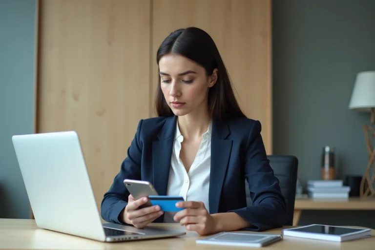 Femme professionnelle utilisant smartphone et carte bancaire