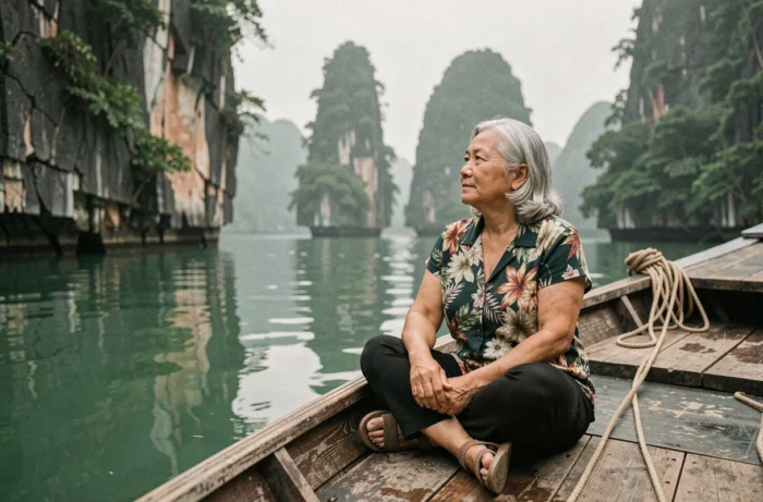 Femme mature en bateau traditionnel naviguant entre les formations karstiques calcaires de la baie d'Ha Long au Vietnam
