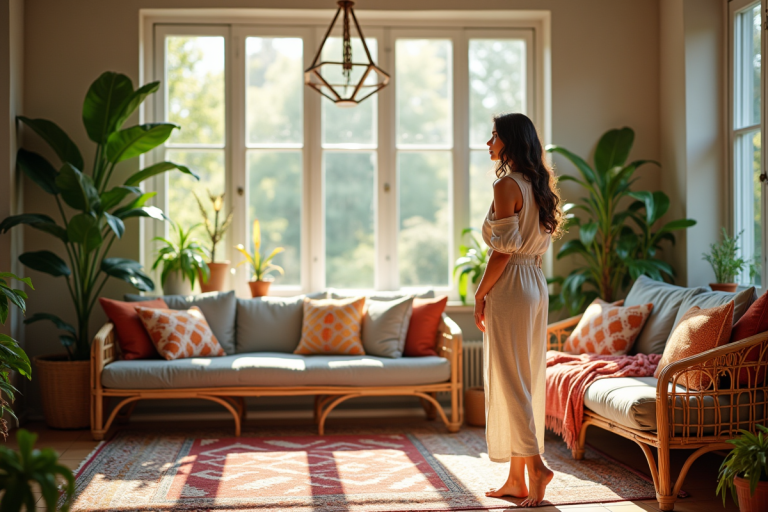 Jeune femme dans un salon boheme lumineux avec plantes et textiles