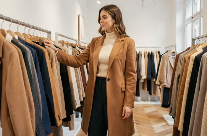 Femme élégante en manteau camel feuilletant des vêtements dans une boutique de mode parisienne