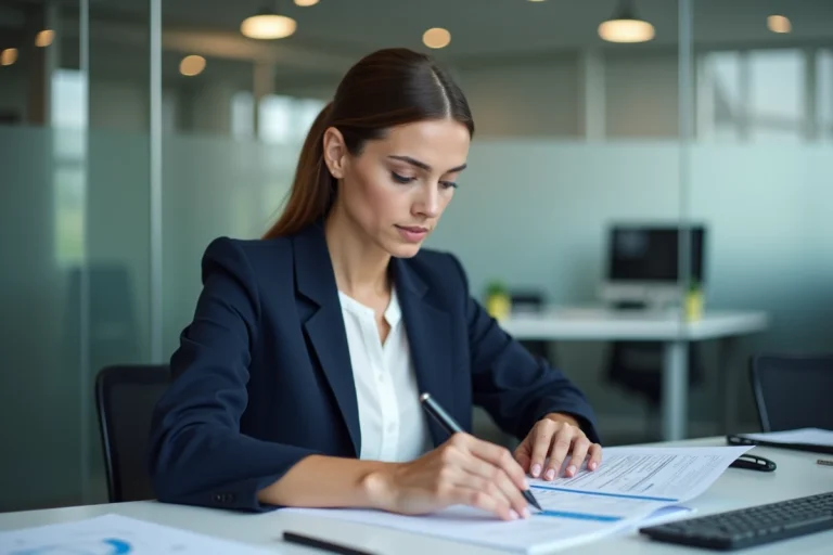 Femme en blazer navy au bureau à Bordeaux
